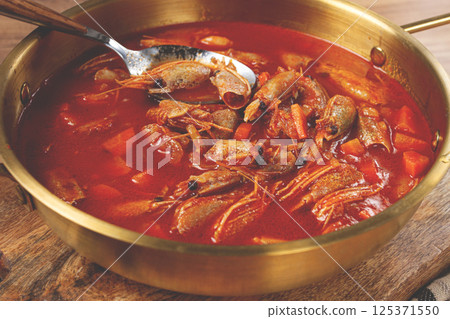 French shrimp bisque soup, in a pot, close-up, no people, French shrimp bisque soup, in a pot, close-up, no people, 125371550