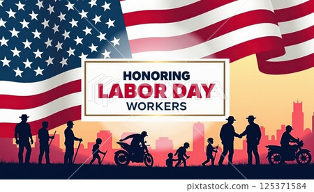 This image is a Labor Day tribute illustration featuring the American flag as a backdrop with a cityscape silhouette and various worker silhouettes in the foreground.  125371584