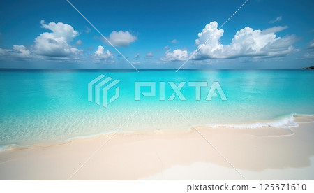 A breathtaking tropical beach scene featuring crystal-clear turquoise waters meeting a pristine white sandy shore. The calm ocean stretches to the horizon. 125371610