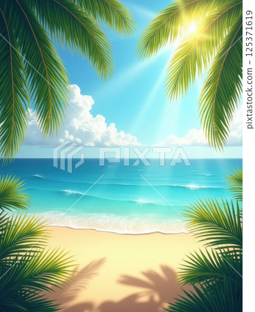 A picturesque tropical beach scene with lush palm fronds framing a pristine sandy shore and turquoise ocean. The sky is a clear azure blue with fluffy white clouds on the horizon.  125371619