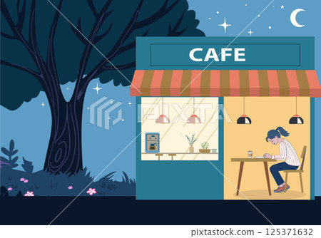 in small cozy cafe woman sitting with menu and cup of coffee at the table. 125371632