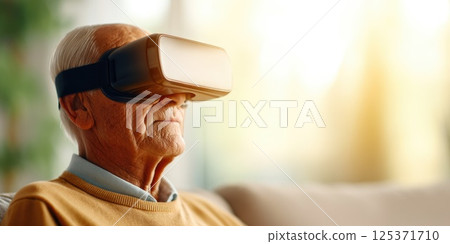 Senior Man Experiencing Virtual Reality at Home 125371710
