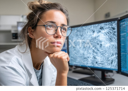 Female Scientist Deep in Thought Analyzing Data Female Scientist Deep in Thought Analyzing Data 125371714