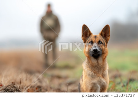 Loyal Military Dog with Soldier in Background 125371727