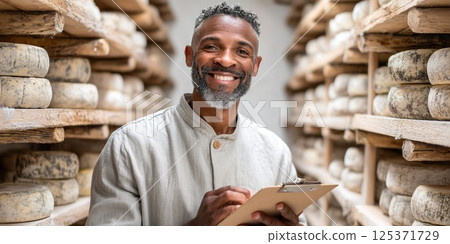 Cheesemaker Inspecting Aging Cheese in Cellar 125371729