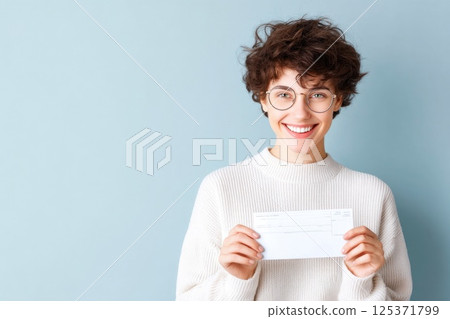 Happy Young Woman Holding a Check 125371799