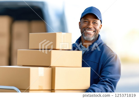 Cheerful Male Delivery Worker with Packages 125371819
