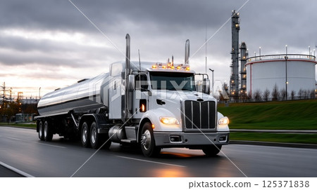 Oil Tanker Truck Driving Past Industrial Facility at Dusk 125371838
