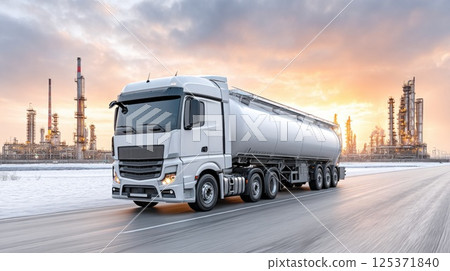 Oil Tanker Truck Driving Near Refinery in Winter Sunset Oil Tanker Truck Driving Near Refinery in Winter Sunset 125371840