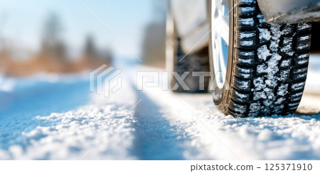 Winter Tire on Snowy Road Close-up 125371910