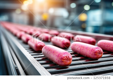 Packaged Sausages on Automated Conveyor in Factory Packaged Sausages on Automated Conveyor in Factory 125371938