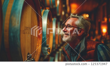 Mature Man Admiring Oak Barrels in Cozy Wine Cellar Mature Man Admiring Oak Barrels in Cozy Wine Cellar 125371947