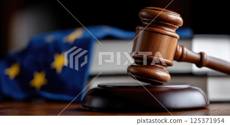 Judicial Gavel with European Union Flag and Books in Background 125371954