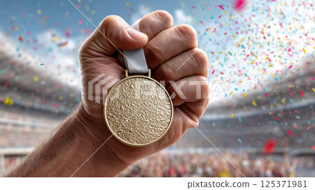 Blank Medal Held Proudly at Stadium Celebration Blank Medal Held Proudly at Stadium Celebration 125371981