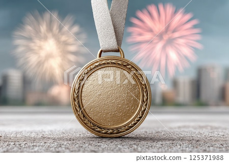 Blank Gold Medal with City Fireworks Display 125371988