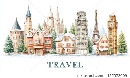 Travel Illustration Featuring Iconic World Landmarks 125372009