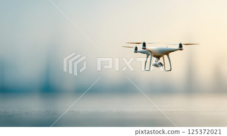 Drone Flying Above Water Surface at Dusk 125372021