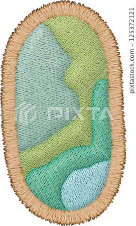 Beautiful patchwork embroidery letter uppercase I featuring landscape design with various shades of green and blue Beautiful patchwork embroidery letter uppercase I featuring landscape design with various shades of green and blue 125372121