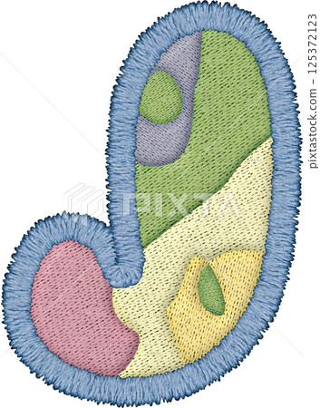 Colorful alphabet patchwork letter uppercase J with unique embroidery design and textile texture 125372123