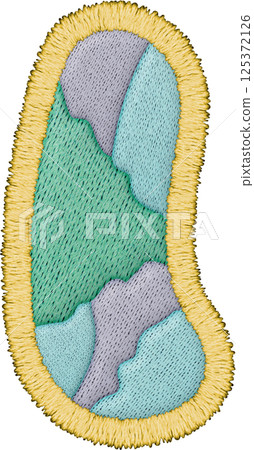 Embroidery features colorful patchwork lowercase l design with textile elements and unique shapes Embroidery features colorful patchwork lowercase l design with textile elements and unique shapes 125372126