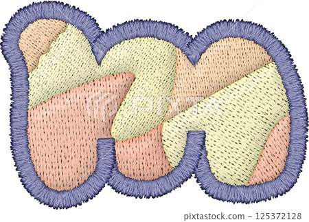 Colorful alphabet patchwork letter lowercase m with intricate embroidery and textile design 125372128
