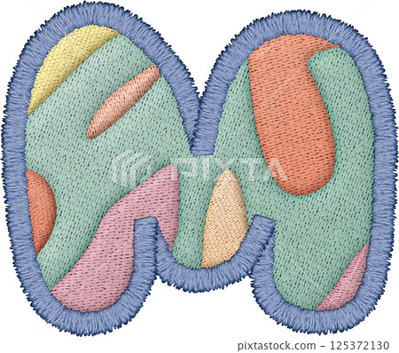 Colorful alphabet patchwork letter uppercase M with embroidery texture and textile design Colorful alphabet patchwork letter uppercase M with embroidery texture and textile design 125372130