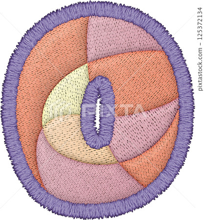 Beautiful embroidery showcases patchwork letter uppercase O design with vibrant colors and textures 125372134
