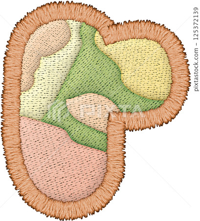 Embroidery features colorful patchwork lowercase r design with textile elements Embroidery features colorful patchwork lowercase r design with textile elements 125372139