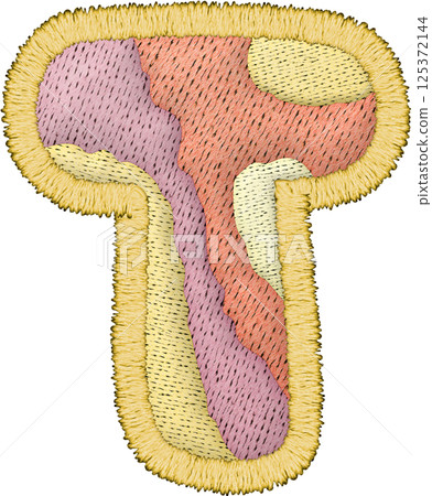 Colorful alphabet patchwork letter uppercase T with embroidery texture and textile design Colorful alphabet patchwork letter uppercase T with embroidery texture and textile design 125372144