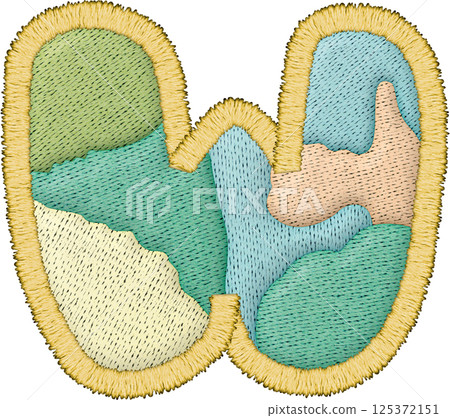 Beautiful alphabet patchwork letter uppercase W with embroidery in various textile colors Beautiful alphabet patchwork letter uppercase W with embroidery in various textile colors 125372151