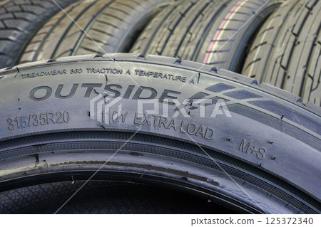 Side view of a tire with an indication of tire outside, width, height, diameter, load, speed index 125372340