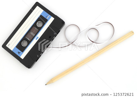 A pen for rewind cassette tape compact retro on white background. 90's concepts. 125372621