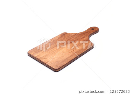 Wood cutting board for homemade bread cooking isolated on white background. Empty wooden 125372623