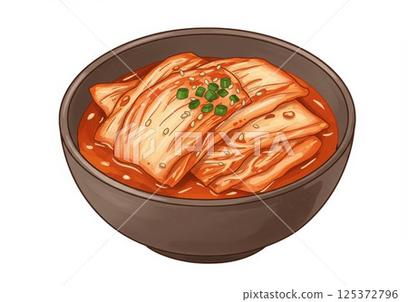 Delicious Korean kimchi green onion sesame seed dark bowl against white background 125372796