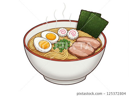 Japanese Ramen food bowl with egg meat and seaweed on white background 125372804