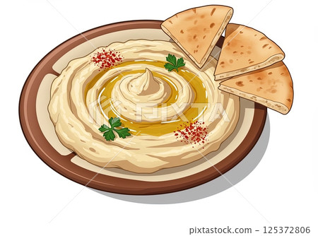 Appetizing Middle Eastern hummus dish with pita red spice herb on white background 125372806