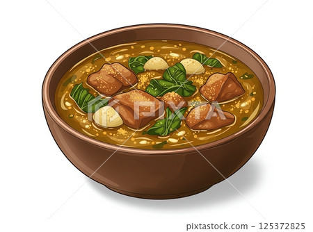Nigerian Egusi soup food bowl with meat and vegetable on white background Nigerian Egusi soup food bowl with meat and vegetable on white background 125372825