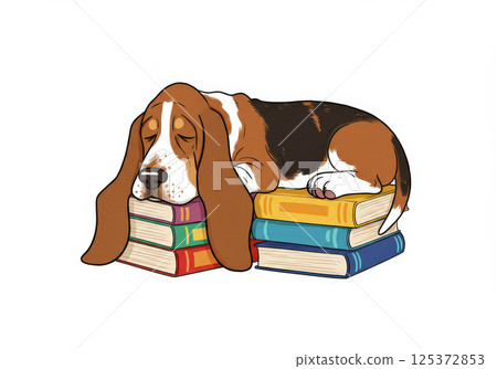 Funny cartoon Basset Hound dog sleeping on stack of books 125372853