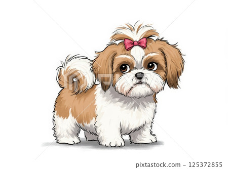 Cute cartoon Shih Tzu dog with topknot and bow against white background 125372855