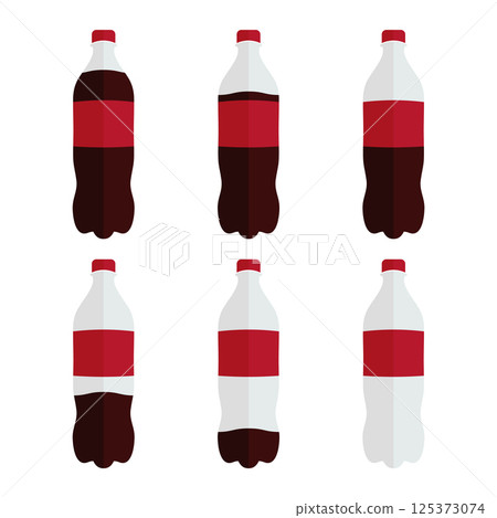 Set of Soda Bottles with Varying Fill Levels Vector Illustration. Flat vector illustration of six plastic soda bottles with red caps and red labels, shown with different levels of dark liquid. 125373074