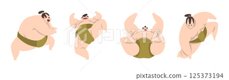 Man Sumo Wrestler Character in Action Pose Vector Set Man Sumo Wrestler Character in Action Pose Vector Set 125373194