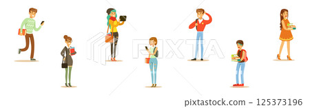 Modern Student Man and Woman Character in Standing Pose Vector Set 125373196