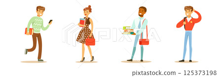 Modern Student Man and Woman Character in Standing Pose Vector Set 125373198