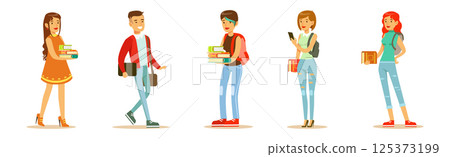 Modern Student Man and Woman Character in Standing Pose Vector Set 125373199