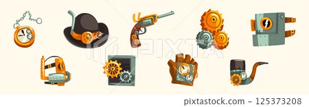 Steampunk Objects and Mechanism with Antique Mechanical Device Vector Set Steampunk Objects and Mechanism with Antique Mechanical Device Vector Set 125373208