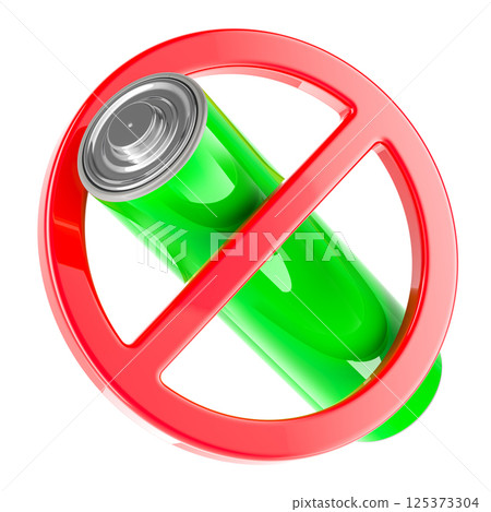 Forbidden sign with battery AA or rechargeable AA battery, 3D rendering 125373304