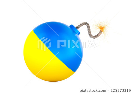 Round bomb with Ukrainian flag and burning fuse. 3D rendering Round bomb with Ukrainian flag and burning fuse. 3D rendering 125373319