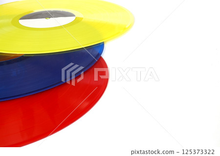 colorful Vinyl record on a white background. Retro style. Top view. Flat lay, copy space. 125373322
