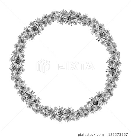 Botanical wreath composed of hand drawn wildflowers. Detailed black and white illustration with chamomile, echinacea, and arnica-like blooms. Ideal for invitations, packaging, and herbal designs. 125373367