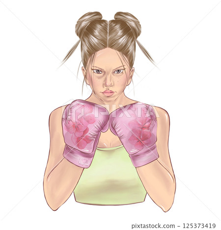 girl in boxing gloves, women boxing, boxing gloves pink with flowers, sports set, isolated illustrations in high quality on white background, perfect for poster design, for sporting goods design. 125373419